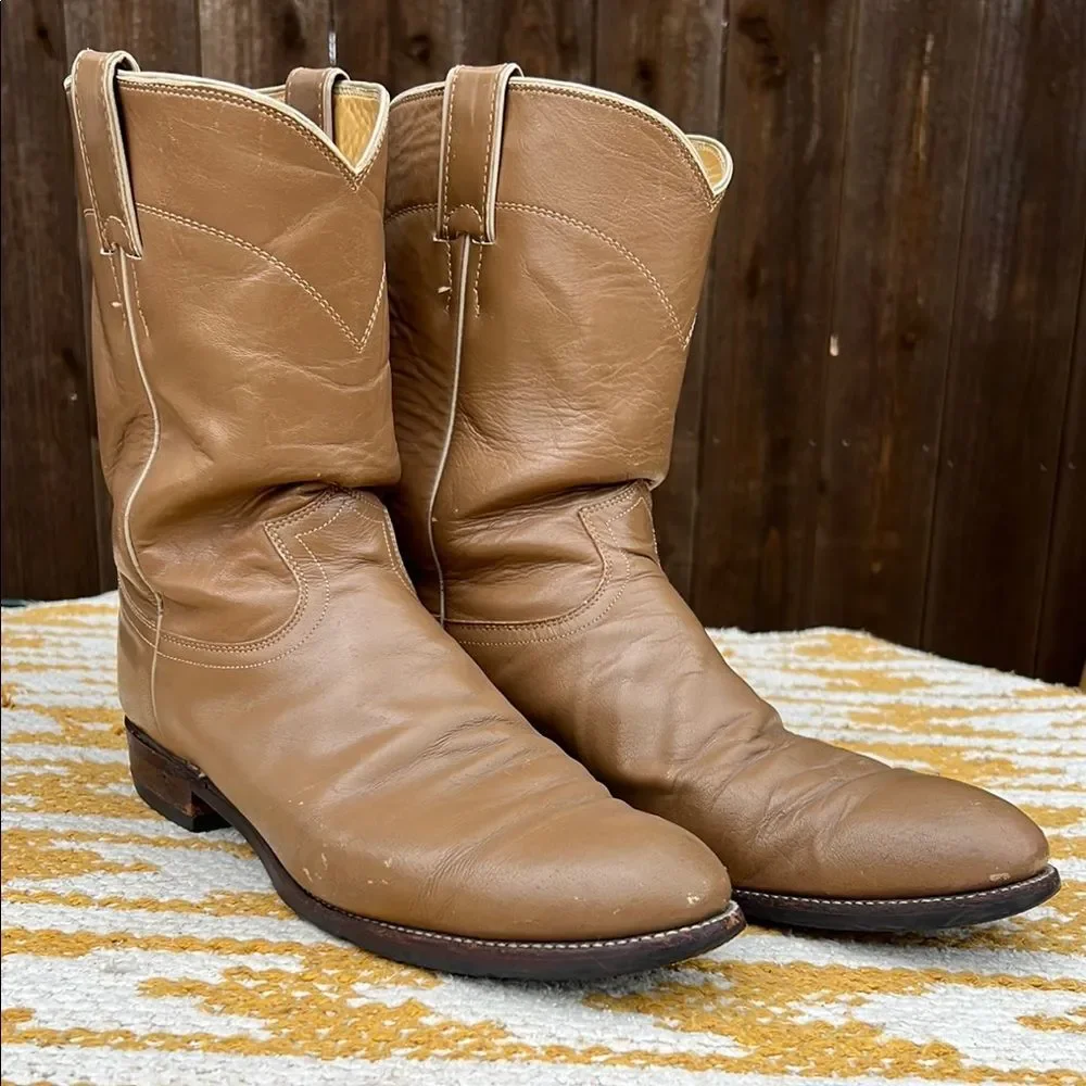 Justin Ropers Classic Tan Leather Cowboy Boots Goodyear Oil Resistant Sole Work - Picture 1 of 16